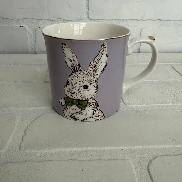 Gracie Fine China Purple Bunny Rabbit with Bowtie Gold Rimmed Coffee Cup Mug - Picture 1 of 5